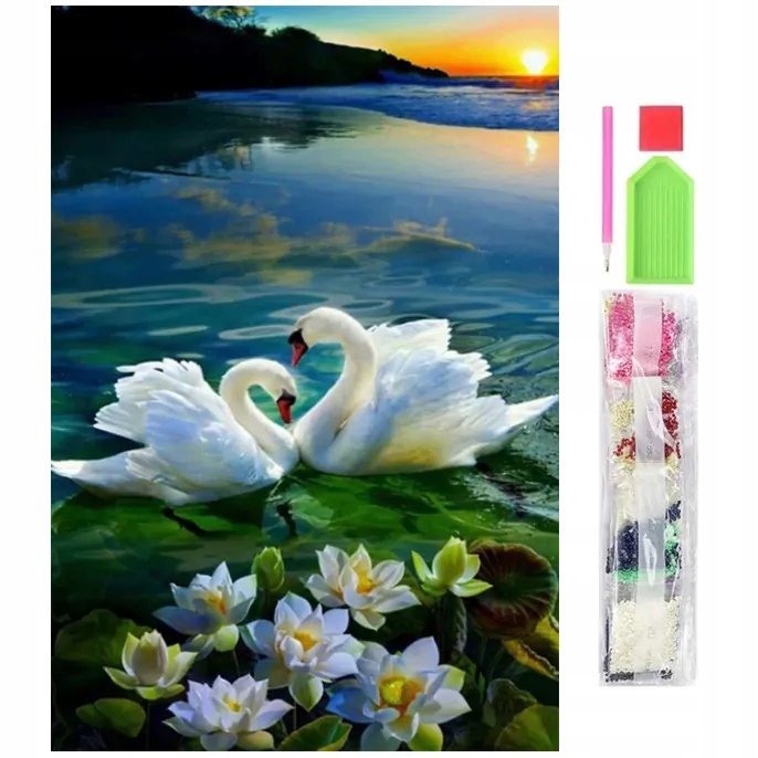 HAFT DIAMENTOWY Dwa Łabędzie para MOZAIKA OBRAZ ZESTAW DLADZIECI 40x30 3123