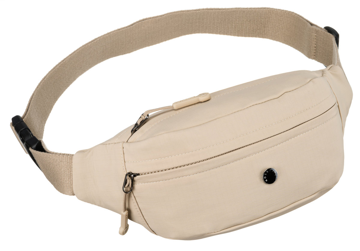 PETERSON Sportowa małą saszetka damska na biodra beżowa nerka na suwak szeroki pasek kieszonki miejska lekka i funkcjonalna