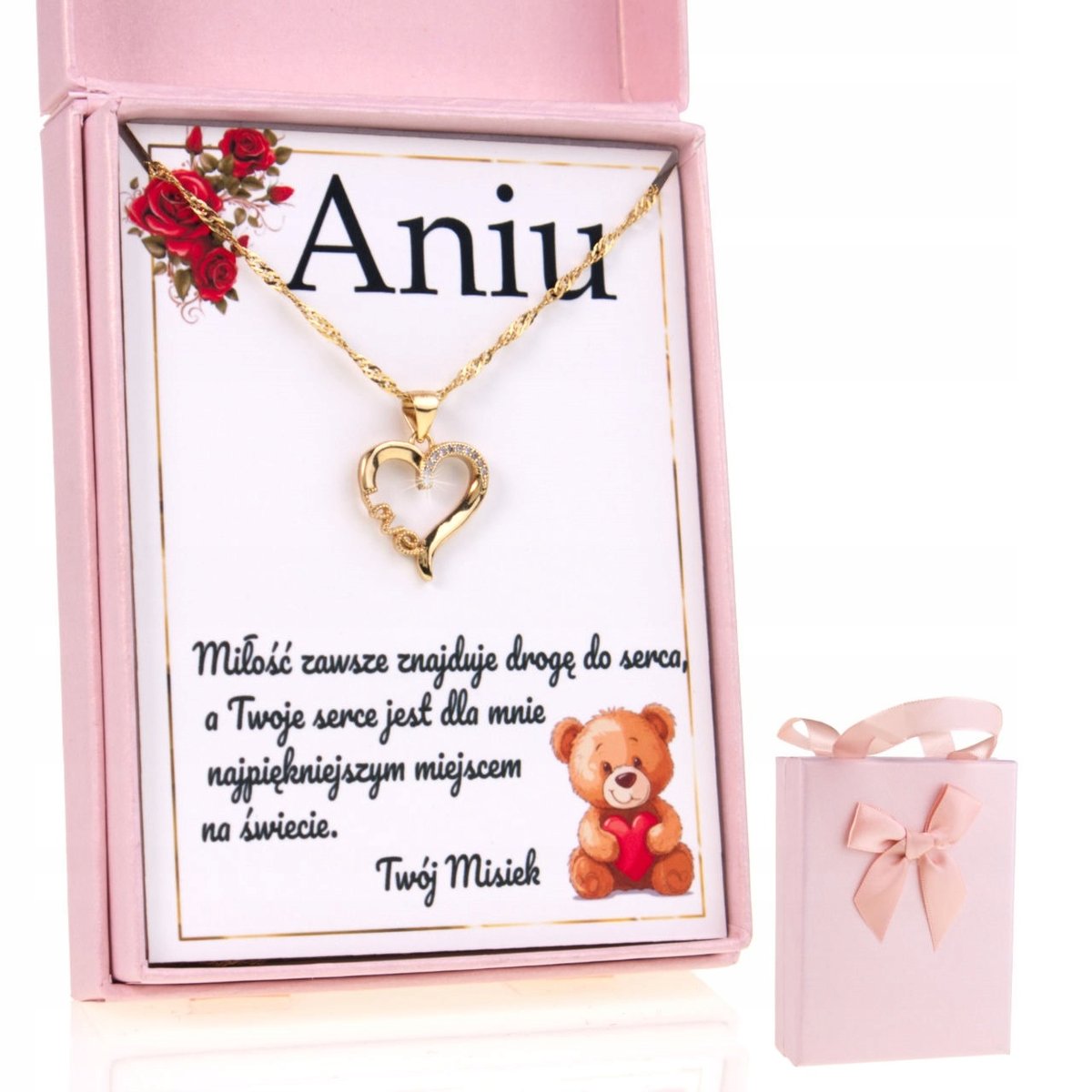 Złoty 925 Naszyjnik dla Niej Serce Love Dedykacja Prezent