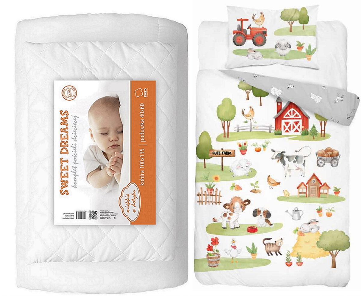 Komplet do łóżeczka kołdra pościel podusia 100x135 farma byczek