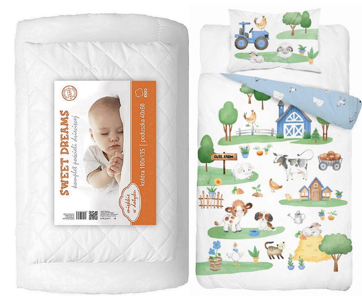 Komplet do łóżeczka kołdra pościel podusia 100x135 farma byczek