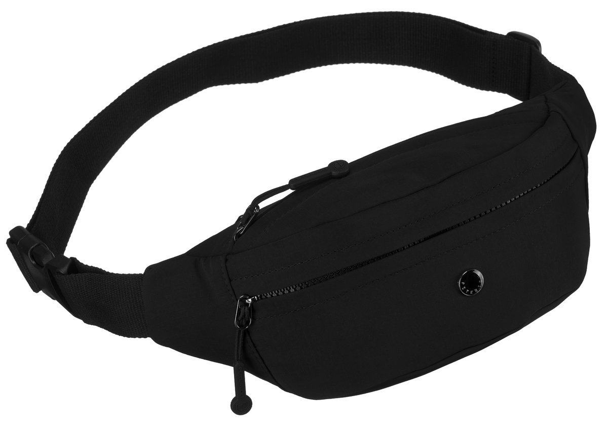 Czarna sportowa saszetka damska z poliestru PETERSON mała modna nerka na biodra kieszonki na suwak szeroki długi pasek z regulacją