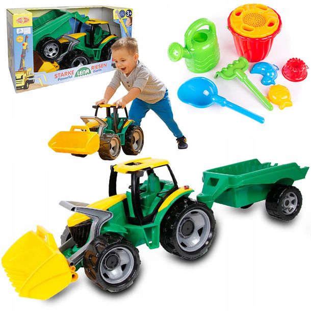 Lena Traktor Z Łyżką I Przyczepką Gigant + Zestaw Do Piaskownicy 8 El.