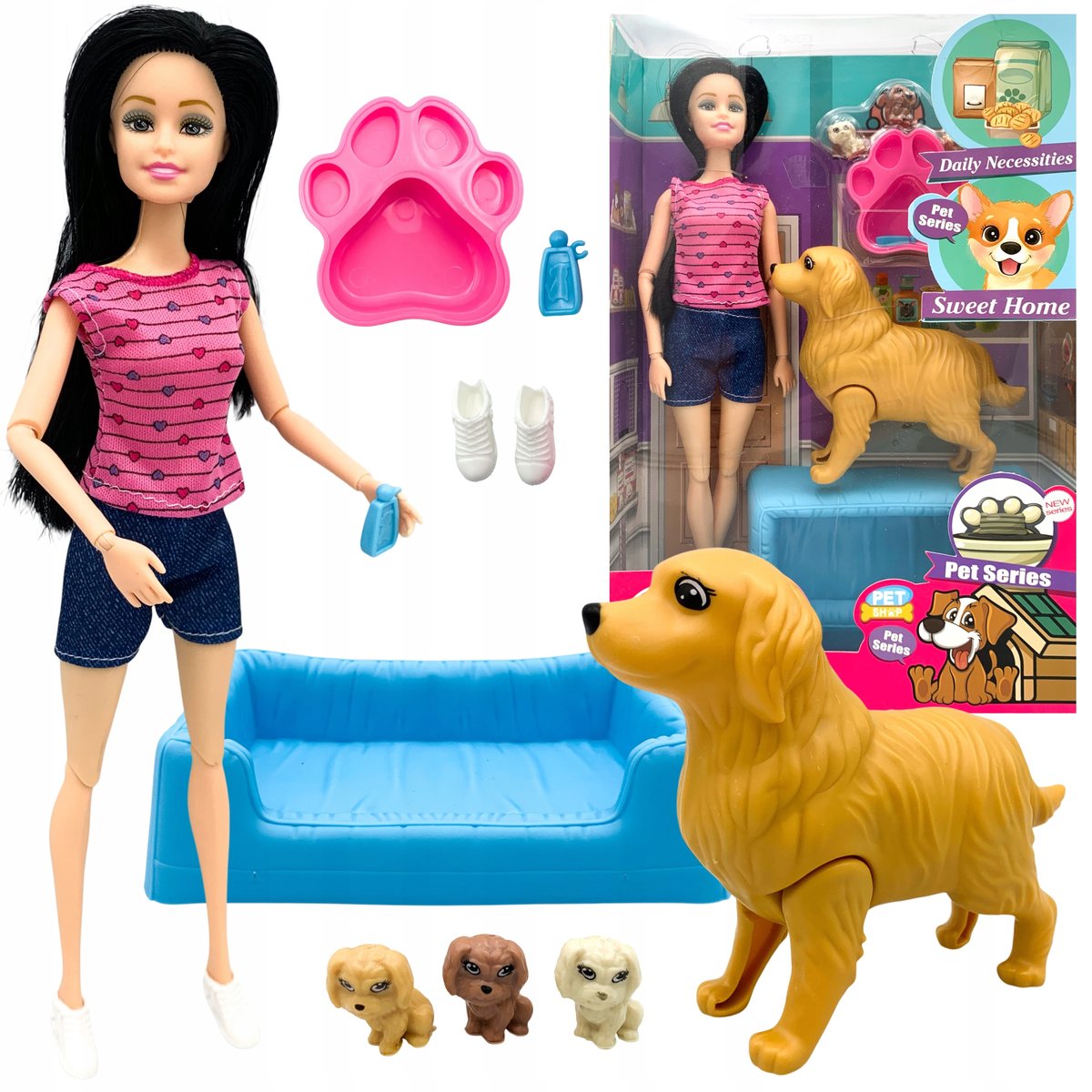 Lalka z pieskiem pies rodzący szczeniaki z akcesoriami szczeniaczki zestaw.