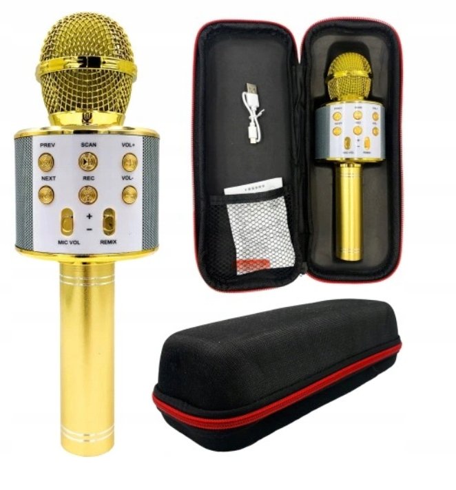 Mikrofon bezprzewodowy karaoke Bluetooth modulacja złoty