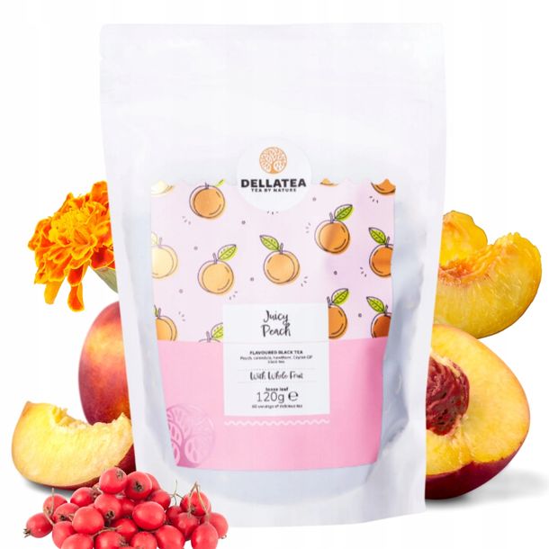 Herbata czarna owocowa JUICY PEACH liściasta CEYLON 120g Dellatea