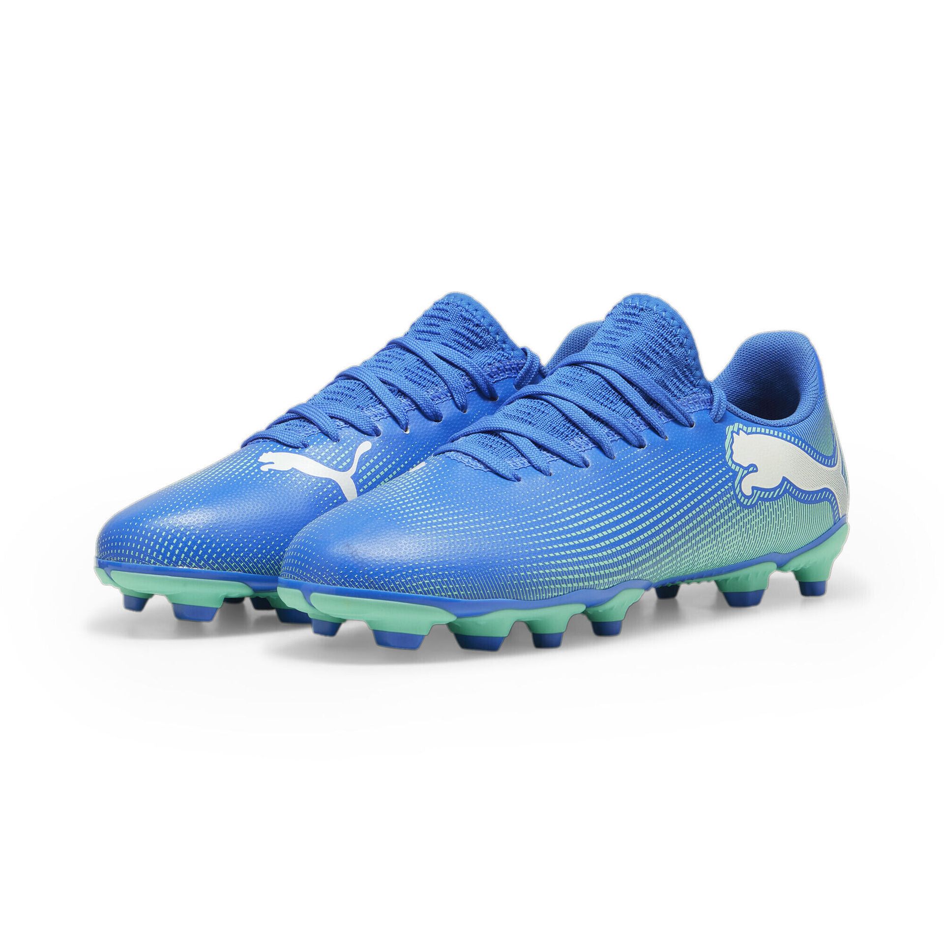 PUMA Unisex Kids Future 7 Play Fg/Ag Jr buty piłkarskie, Hiperłącze niebieski miętowy PUMA biały, 4 UK