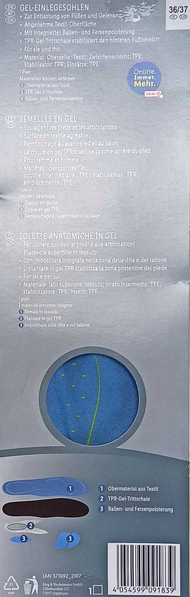 Anatomiczne wkładki żelowe do butów, rozmiar 36/37