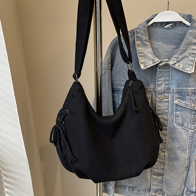 TEMU Kobieca, swobodna, prążkowana torba na ramię z sztruksu z regulowanym paskiem, zapięciem na zamek błyskawiczny, lekka torebka z podszewką
