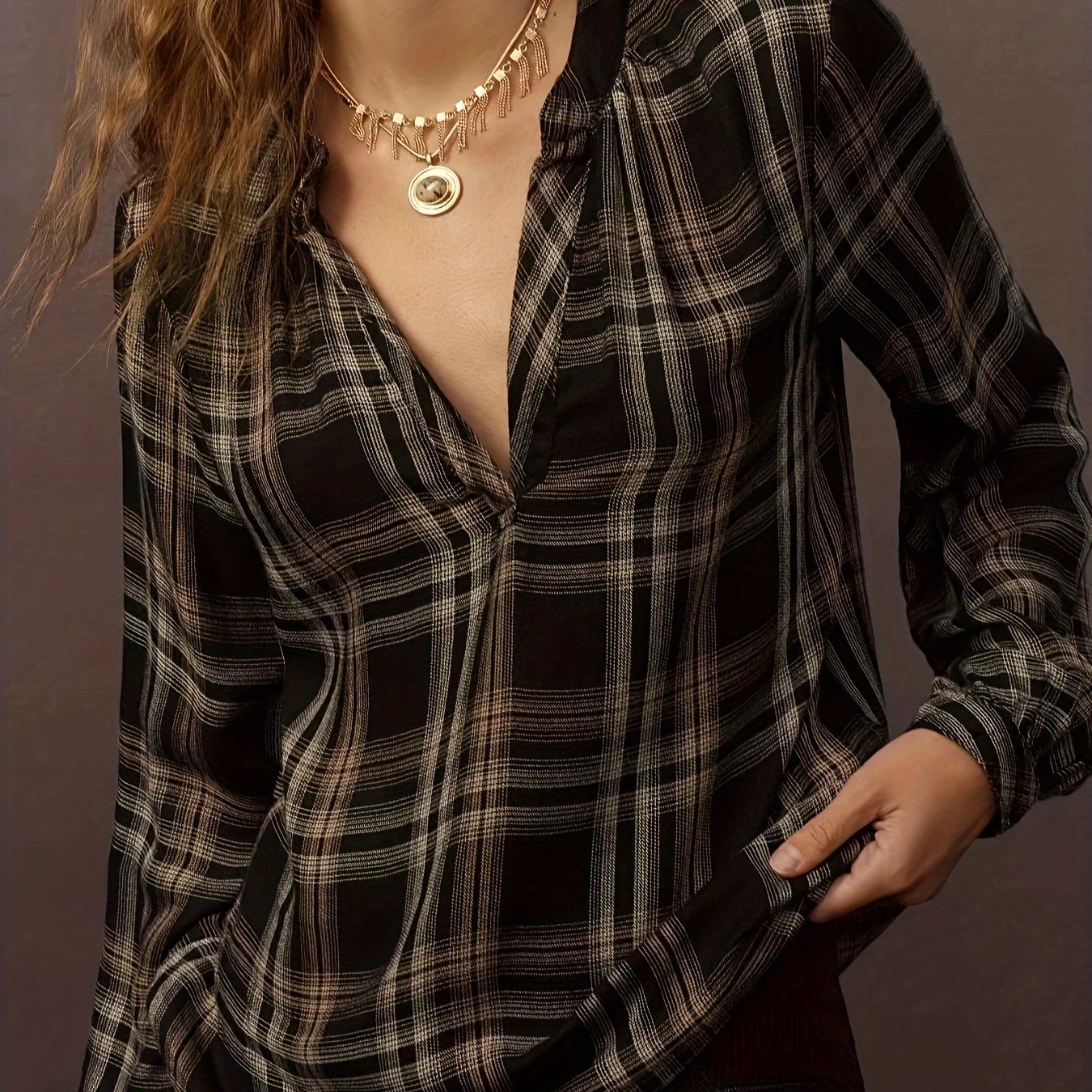 TEMU Stylowa koszula damską w kratkę - Elegancka bluzka z długim rękawem i detalem falbani, poliestrowy materiał z dzianiny, brązowy pasek, czarna