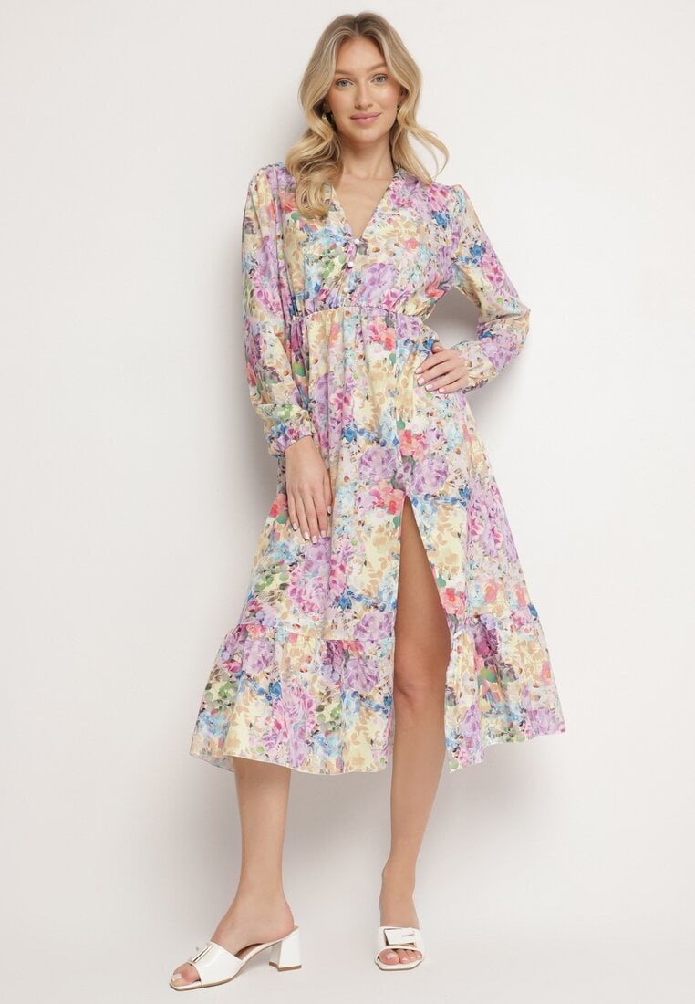 Żółta Rozkloszowana Sukienka w Kwiaty z Dekoltem w Serek i Gumką w Talii Janitra