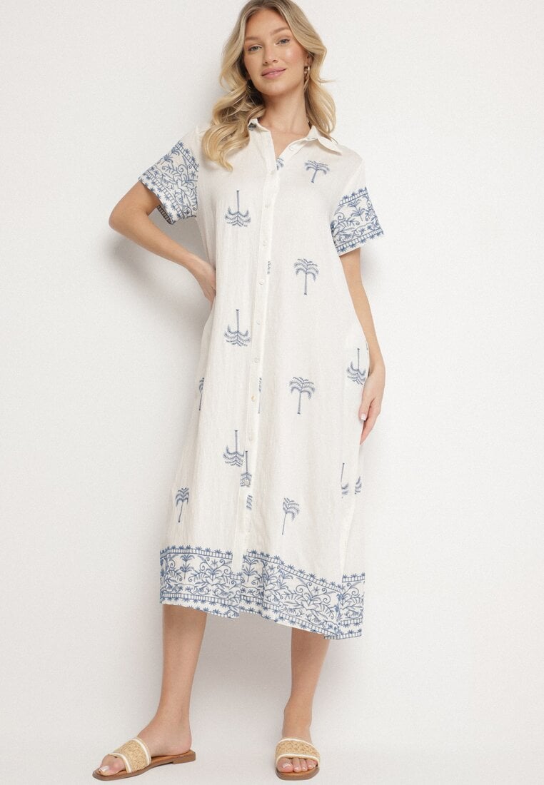Biała Pudełkowa Sukienka z Wiskozą o Koszulowym Kroju Zdobiona Haftem Sanori
