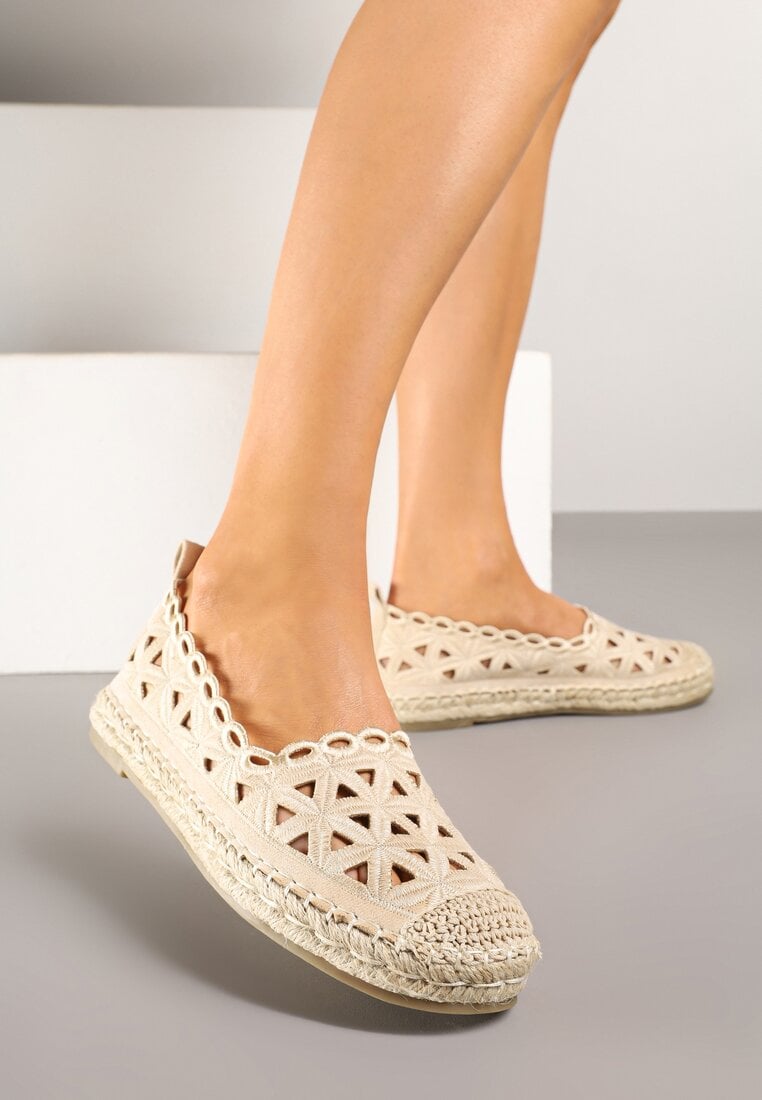 Beżowe Espadryle Ażurową Cholewką i Plecionką Ismio