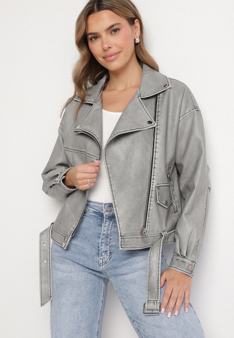 Szara Klasyczna Kurtka Ramoneska z Paskiem Nalinea