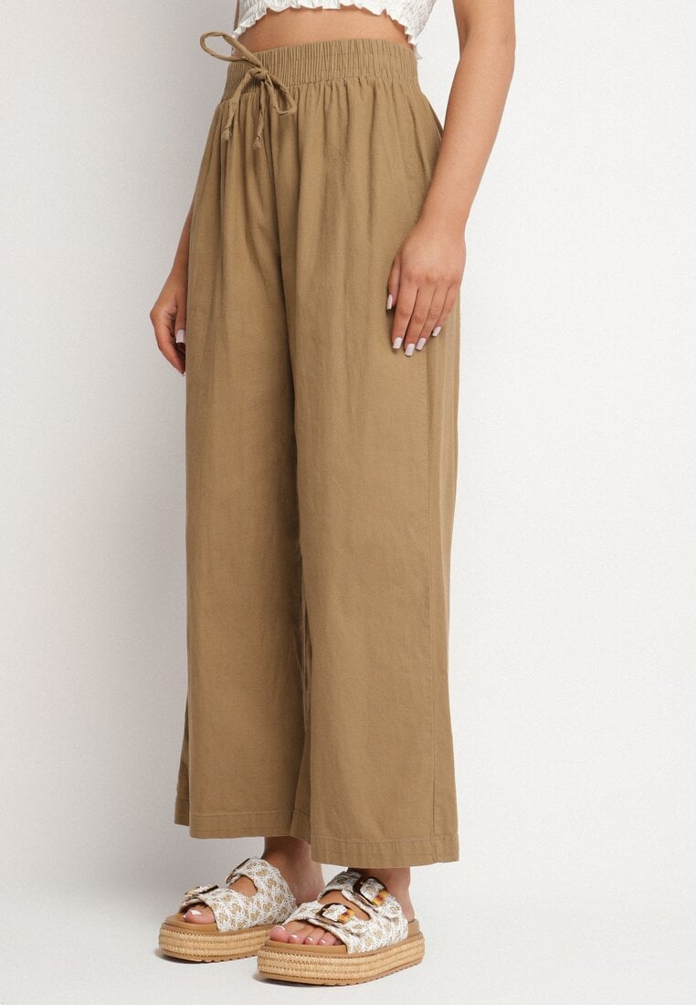 Jasnobrązowe Spodnie Bawełniane Szerokie z Gumką i Wiązaniem w Pasie Faliova