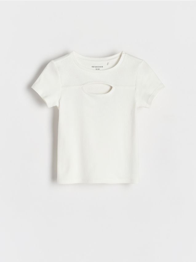Reserved - Prążkowany t-shirt z wycięciem - złamana biel