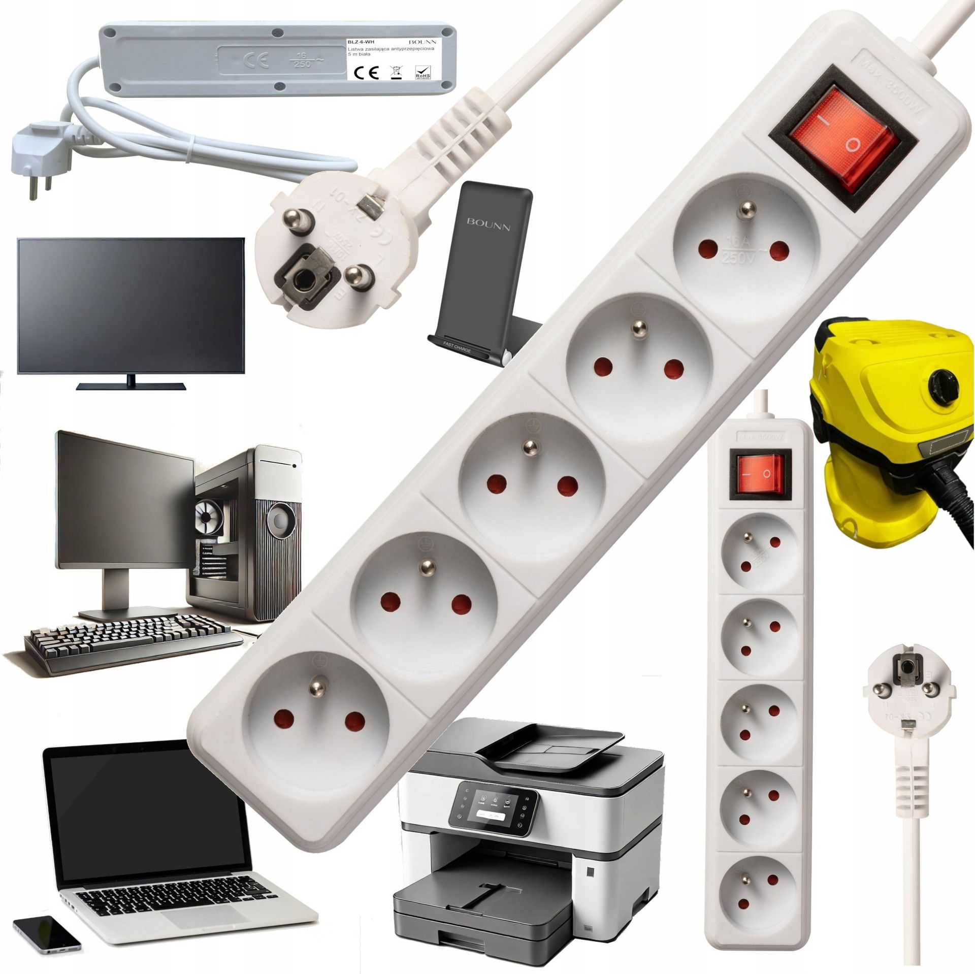 Listwa zasilająca Bounn BOUNN listwa zasilajÄ ca antyprzepiÄciowa 5 gniazd 5 m biaÅa 16A