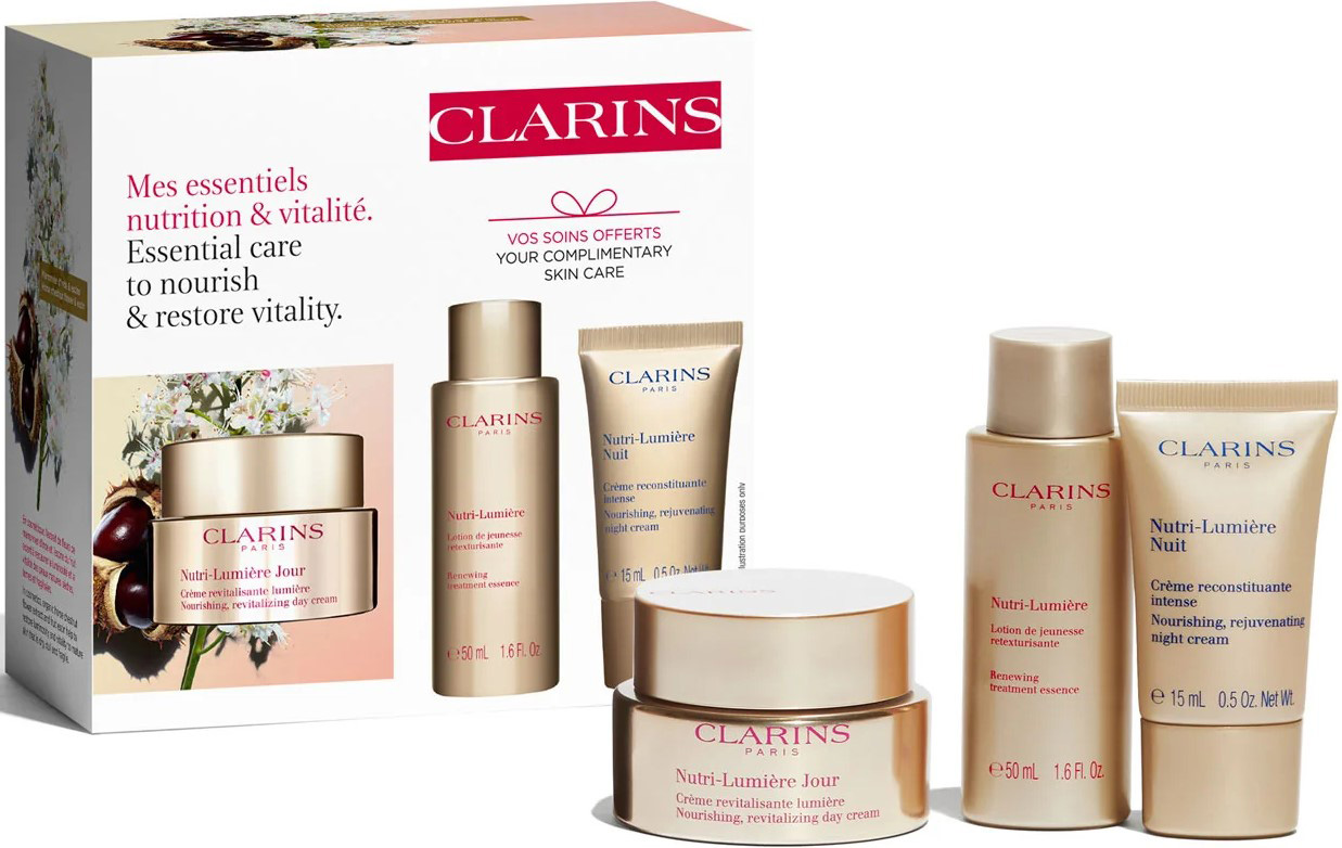 Zestaw do pielęgnacji twarzy Clarins Nutri-Lumiere Value Krem na dzień 50 ml + Krem na noc 15 ml + Lotion oczyszczający 50 ml (3666057144479)