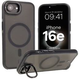 Bizon Etui z podstawką i pierścieniem magnetycznym Case Eclipse do iPhone 16e, przydymione z czarną ramką