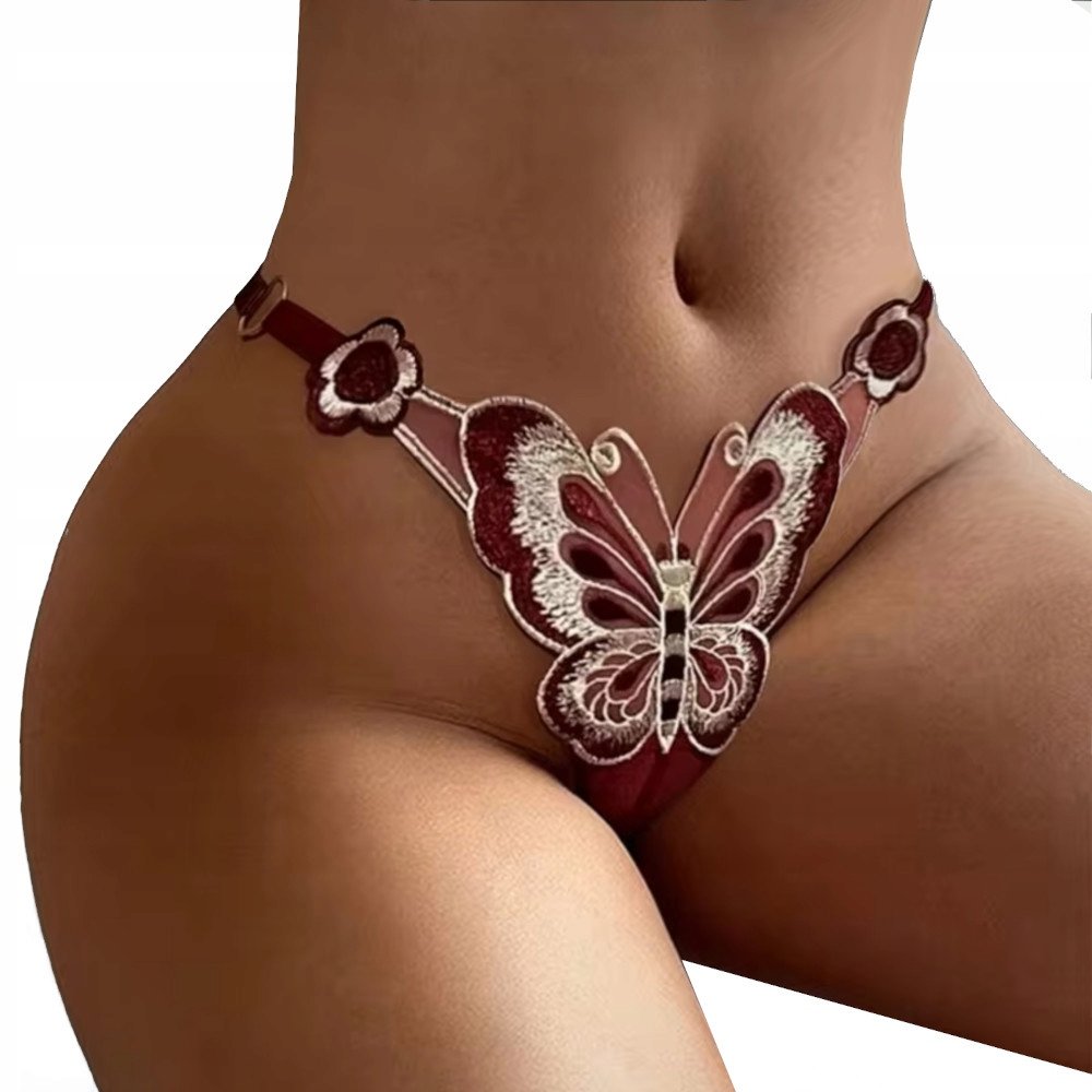 MAJTKI DAMSKIE KORONKOWE STRINGI BIELIZNA KORONKA Z MOTYLKIEM KOLOR BORDO