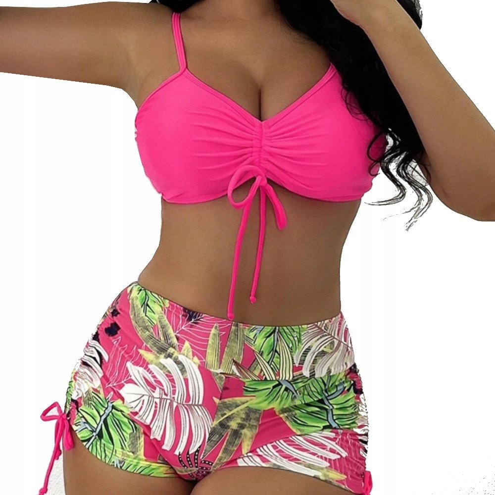 STRÓJ KĄPIELOWY DWUCZĘŚCIOWY KOSTIUM WYSOKI STAN BIKINI SPODENKI WIĄZANIE L RÓŻOWY
