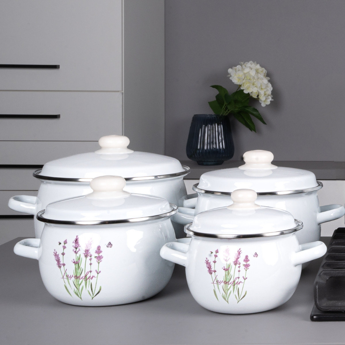 Komplet 4 garnków emaliowanych z pokrywkami LAWENDA GAŁĄZKI białe 1,5l/2,5l/3,5l/5l gaz indukcja