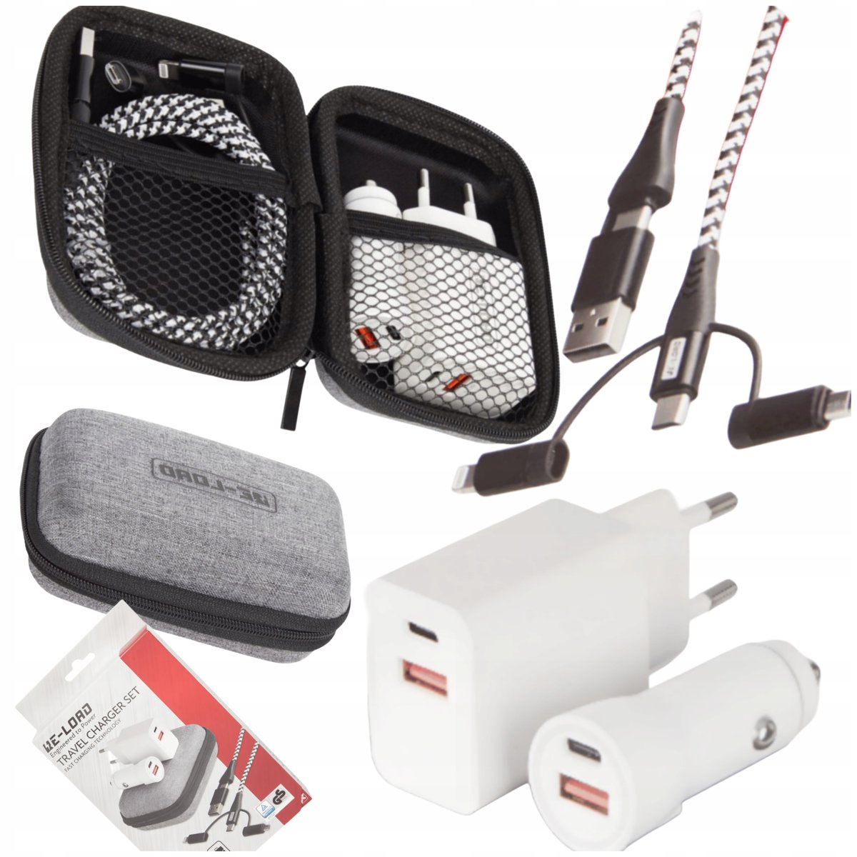 ZESTAW ładowarek PODRÓŻNYCH 6w1 USB Uniwersalne Szybkie ładowanie PUDEŁKO
