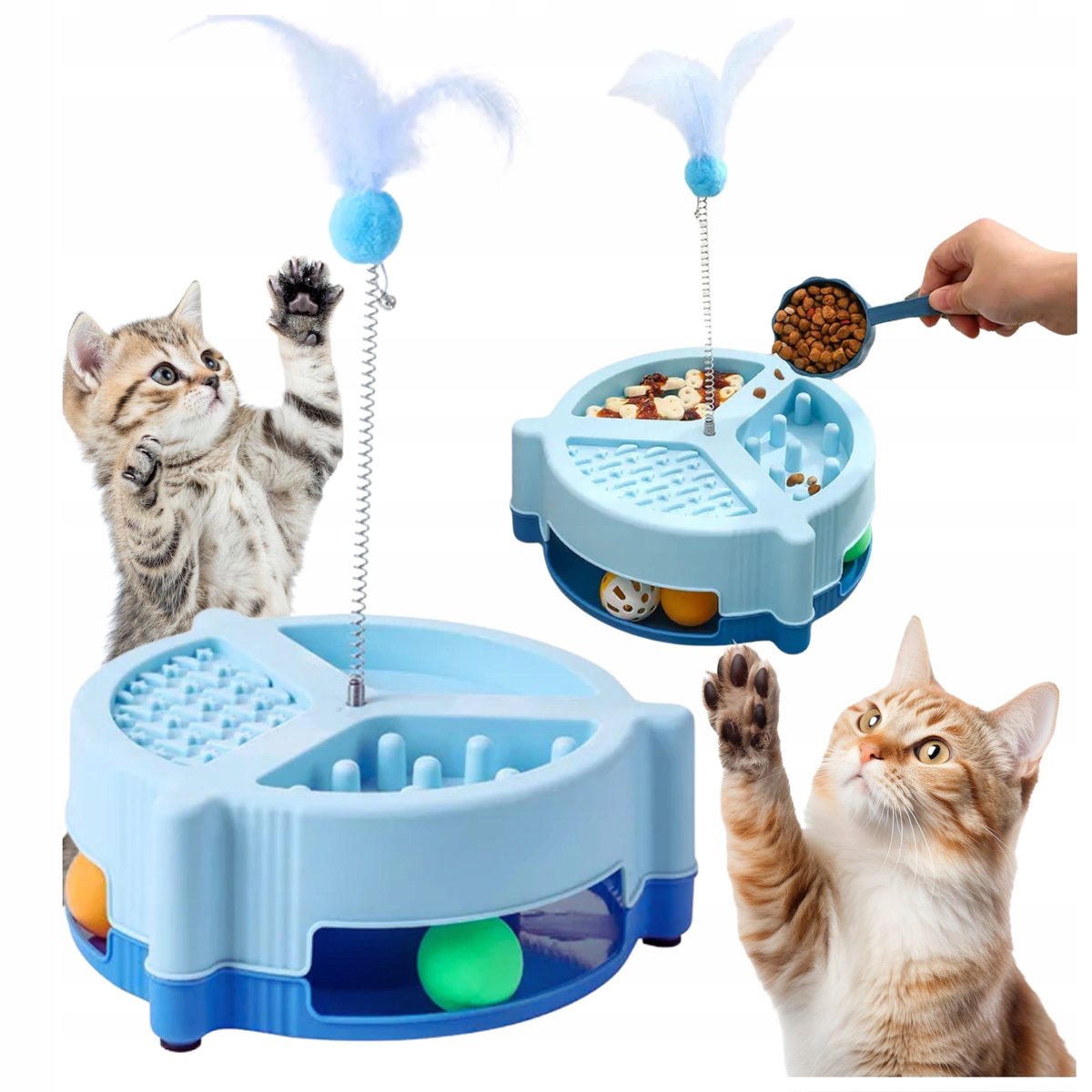 WIEŻA z piłeczkami INTERAKTYWNA zabawka dla kota z miską na wodę jedzenie