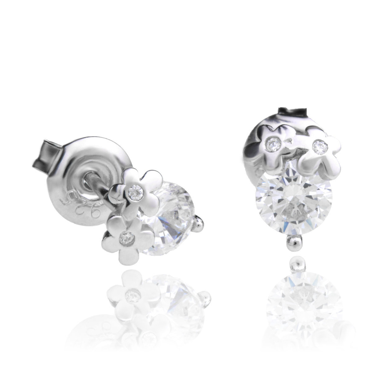 Srebrne Kolczyki Cyrkonia z Kwiatkami Zapięcie Sztyft