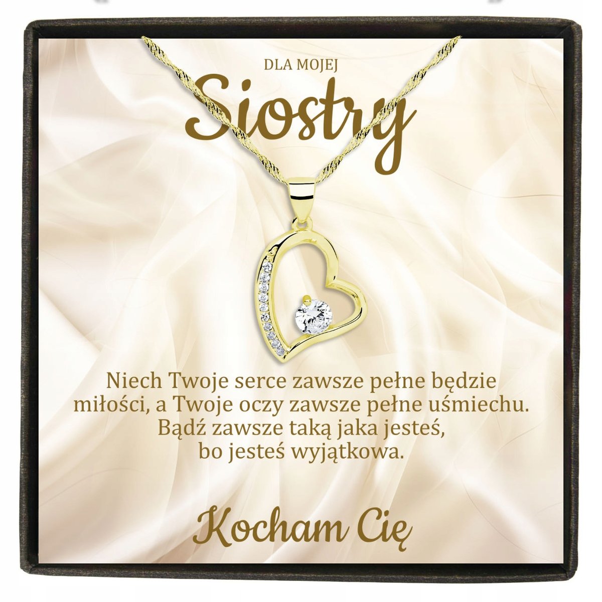 Złoty Naszyjnik dla Siostry Serce Dedykacja Prezent 925