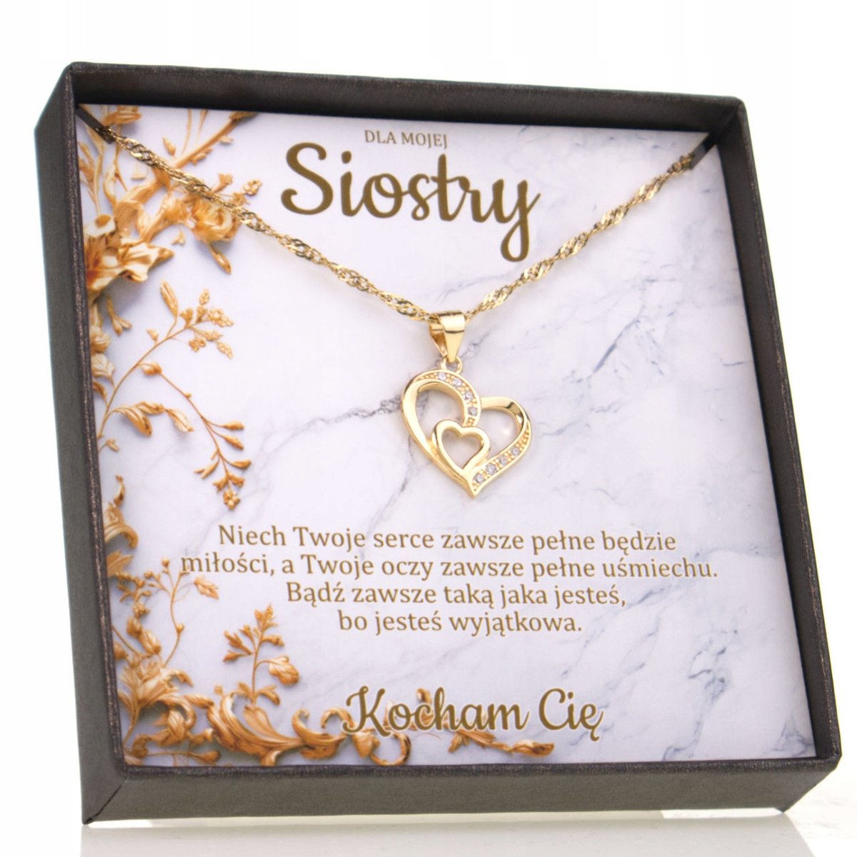 Złoty 925 Naszyjnik dla Siostry Serce Dedykacja Prezent