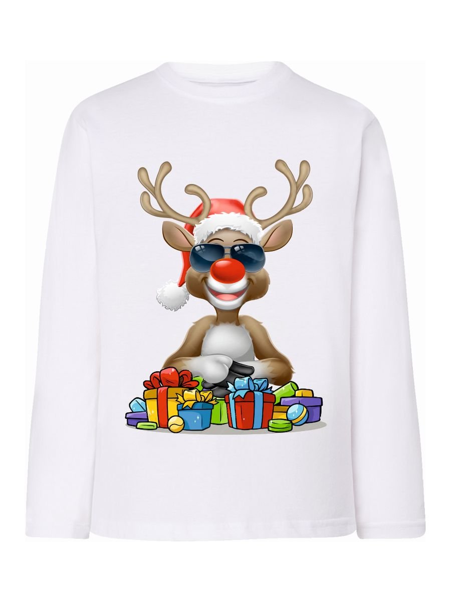 Dziecięca bluzka z nadrukiem długi rękaw Renifer z prezentami biały Tup Tup