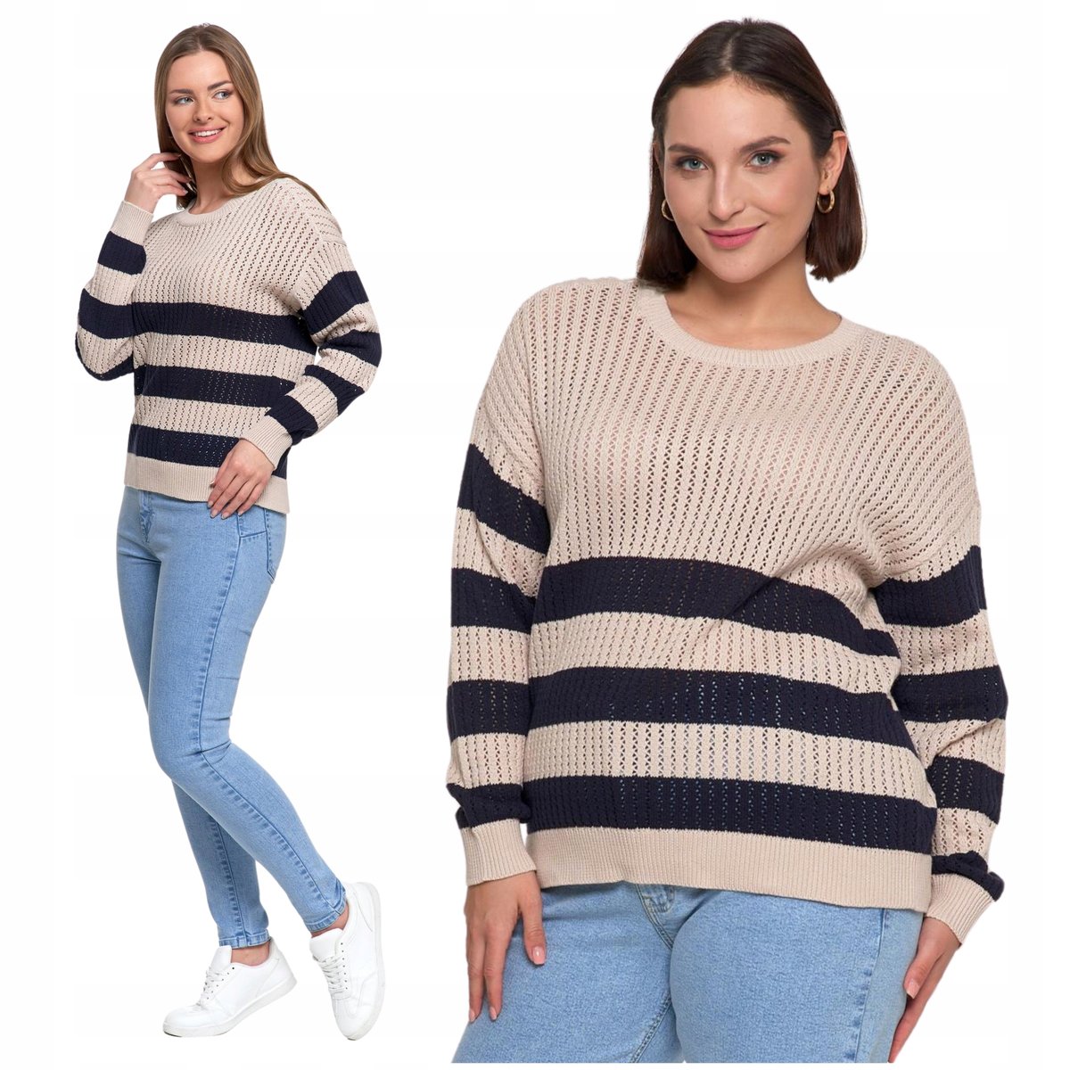 Sweter Damski Ażurowy Delikatny Sweterek w Paski Modny Wzór Kolor MORAJ - L