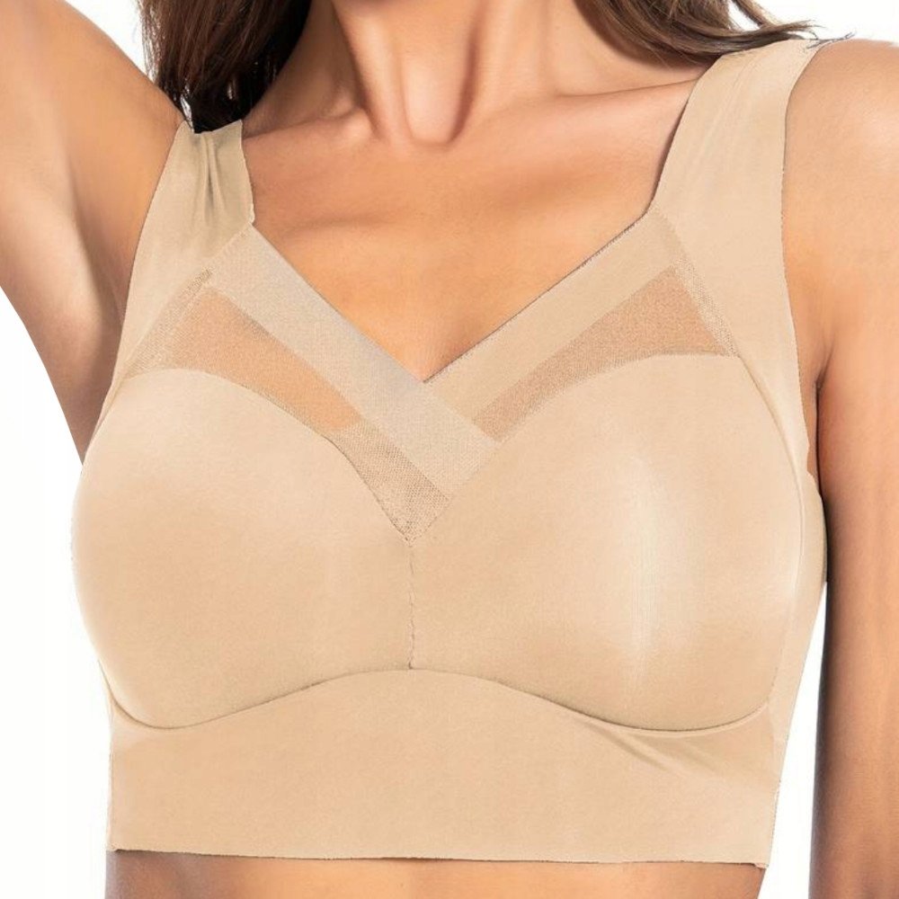 MIĘKKI WYGODNY BIUSTONOSZ BEZSZWOWY STANIK SPORTOWY FITNESS TOP BEŻOWY L 40