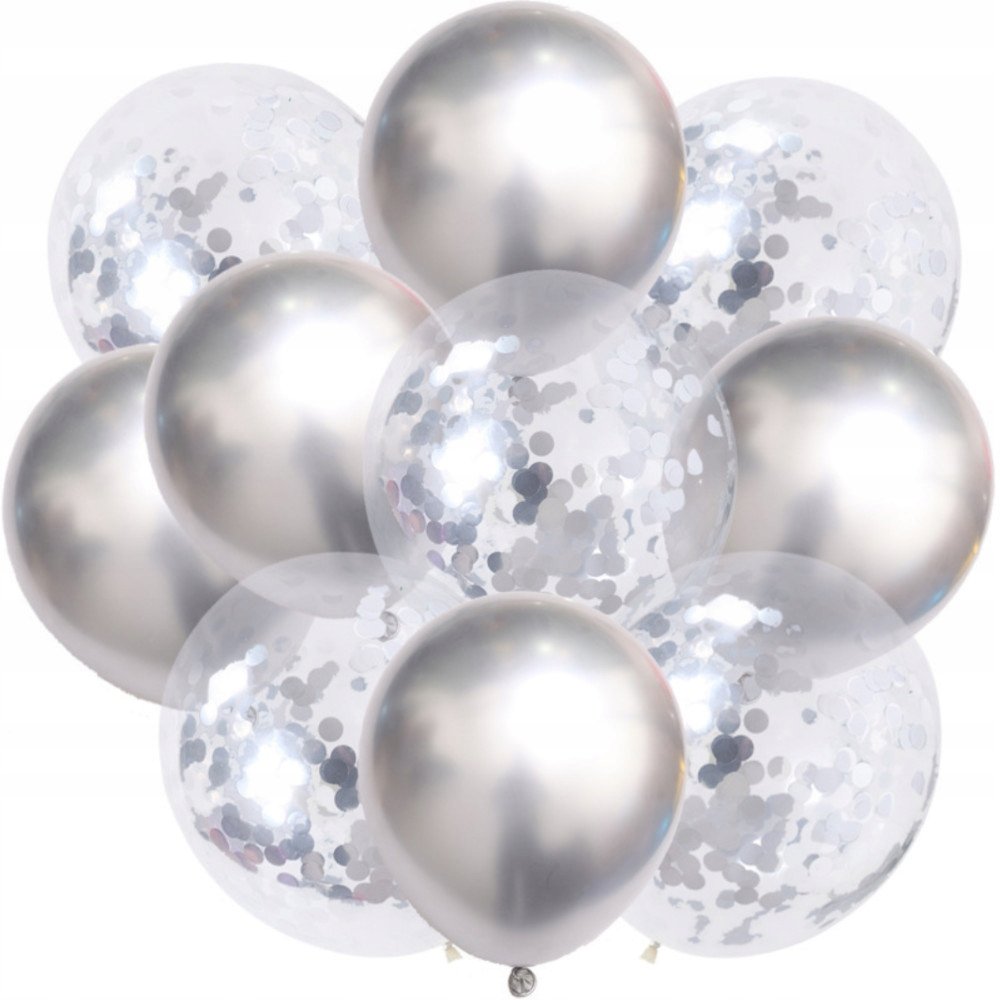BALONY ZE SREBRNYM KONFETTI DUŻE 12 cali ŚLUB WESELE SREBRNE METALIK 10szt