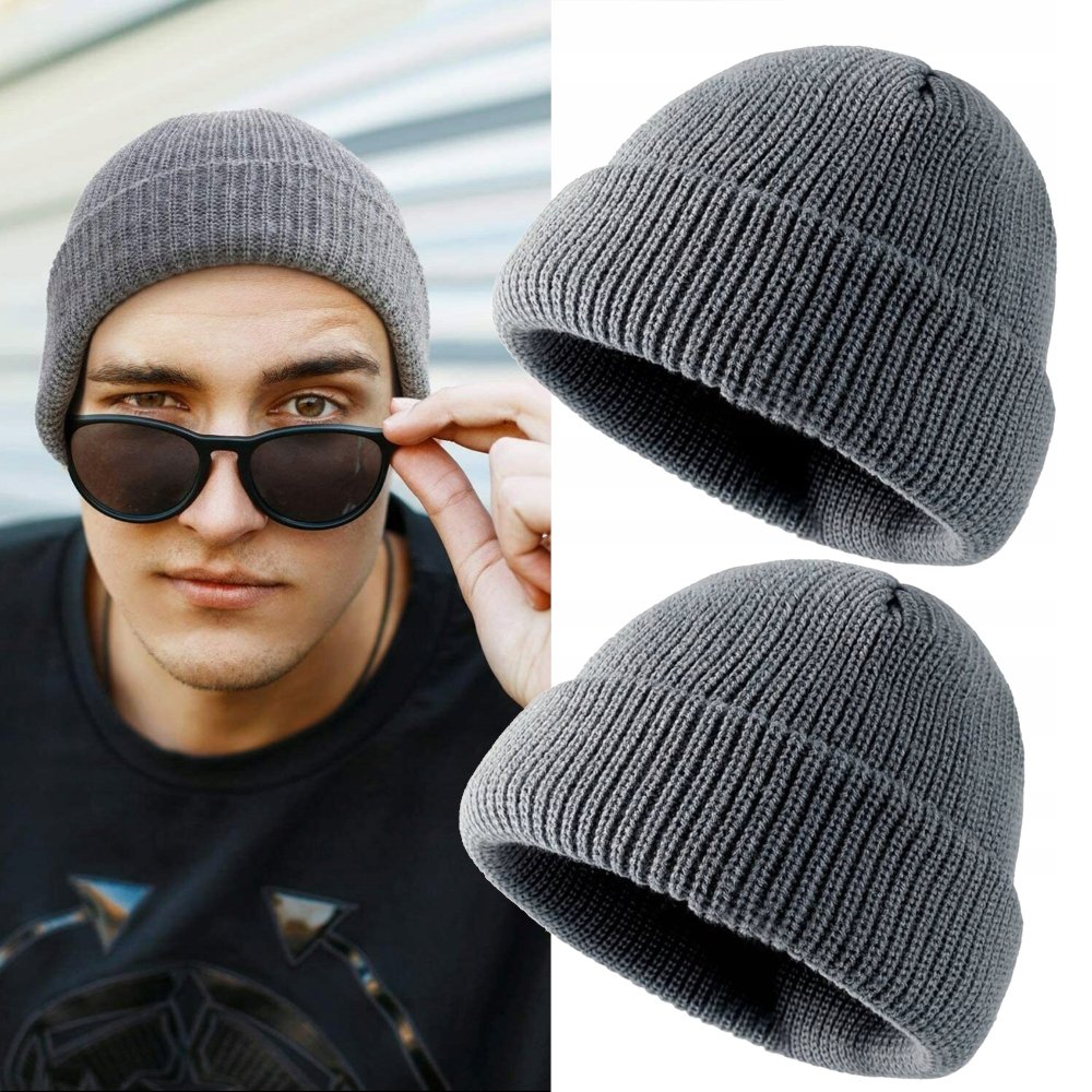 Czapka zimowa męska damska wywijana ciepła dwuwarstwowa beanie na zimę kolor szary