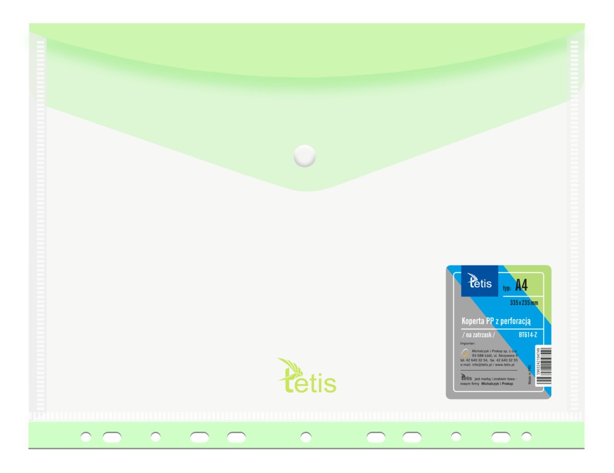 Koperta PP na zatrzask z performacją. A4 zielona