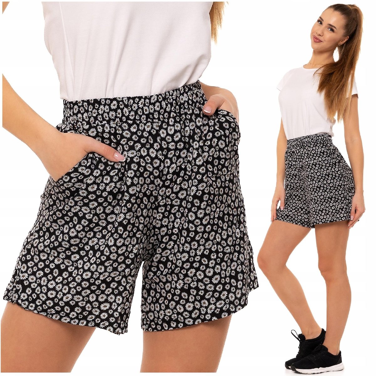 Damskie Szorty Kwiaty Gumka w Pasie Wiskoza Klasyczne Przewiewne MORAJ M