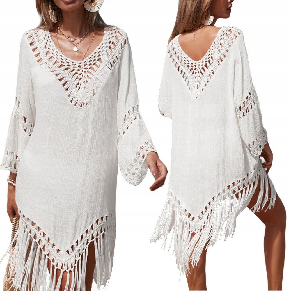 PAREO LETNIA TUNIKA BOHO SUKIENKA PLAŻOWA FRĘDZLE ZWIEWNA NARZUTKA NA PLAŻĘ