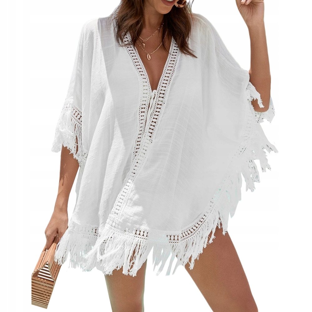 LETNIA TUNIKA PLAŻOWA ZWIEWNA SUKIENKA KORONKA PAREO NA PLAŻĘ NARZUTKA BOHO