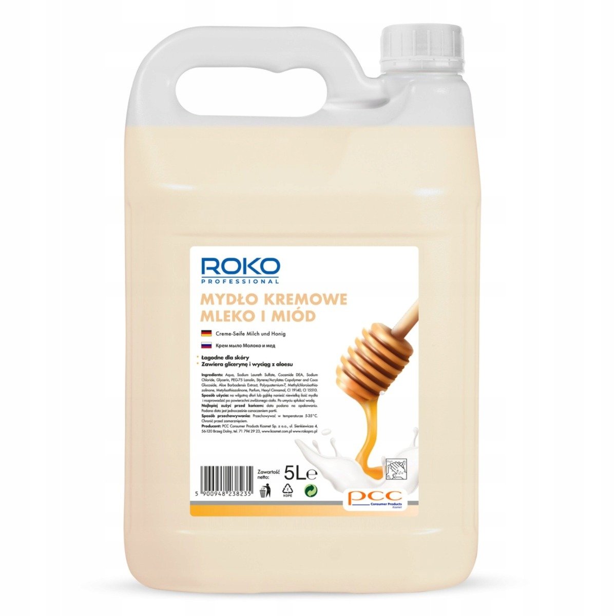 Roko Mydło Kremowe 5kg Rh-075mm Mleko I Miód Do Mycia Rąk I Ciała Zawiera Glicerynę, Lanolinę I Aloes