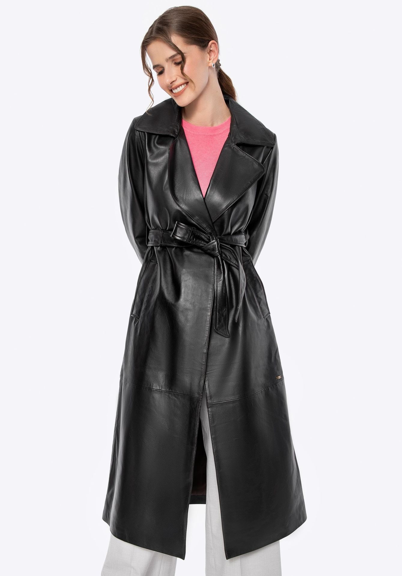 Damski płaszcz skórzany z paskiem ciemny brąz