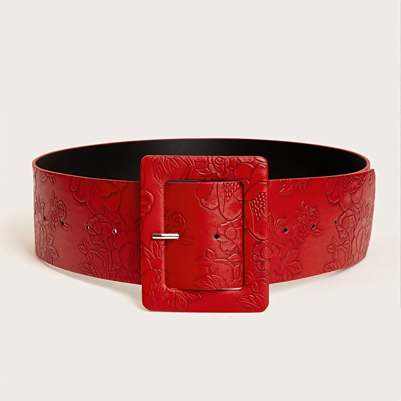 TEMU Vintage Czerwony Wytłaczany Szeroki Pasek dla Kobiet, Regulowany 27.5