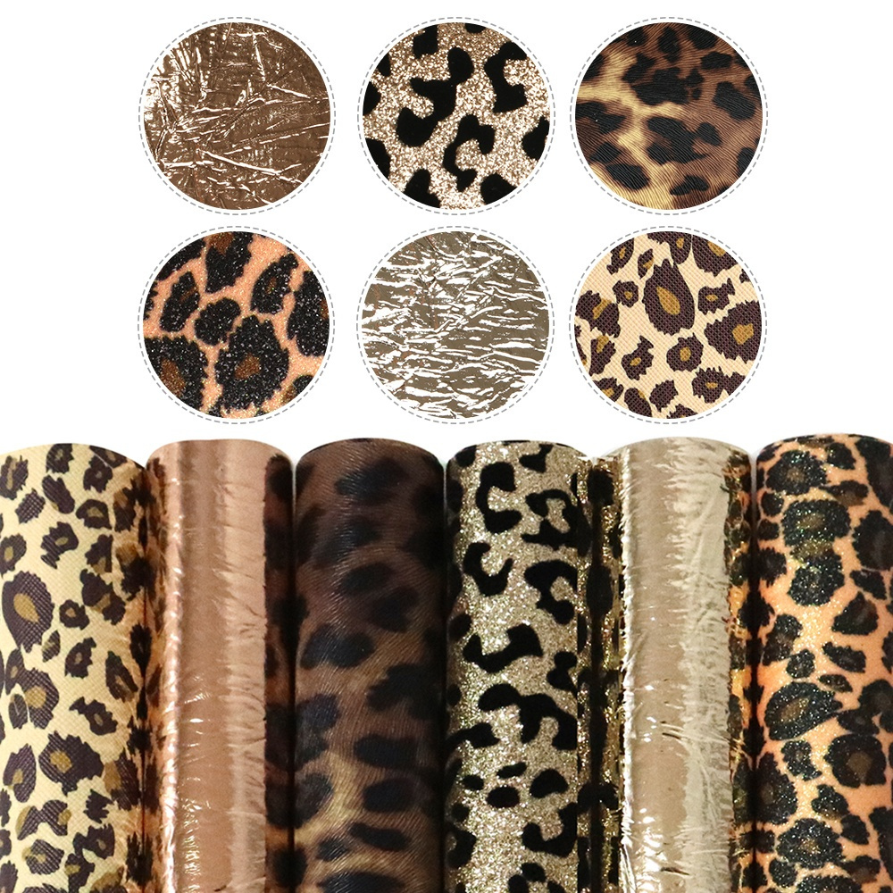 TEMU Zestaw Ze Sztucznej Skóry Z Fakturą Zwierzęcą Shimmer Glitter Leopard Printed Metallic Solid Color Syntetyczna Skóra Tkanina 6 Sztuk / Zestaw