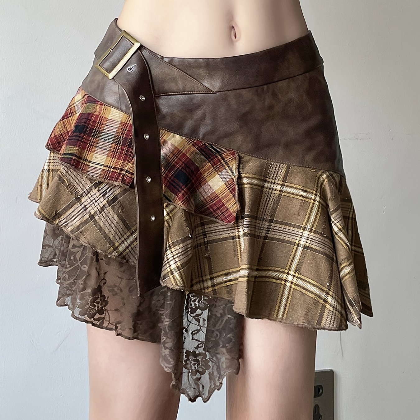 TEMU Stylowa spódnica mini w stylu vintage z patchworkiem z koronki, asymetryczna, z ozdobnym paskiem, o nieregularnym kroju w kształcie litery A, z