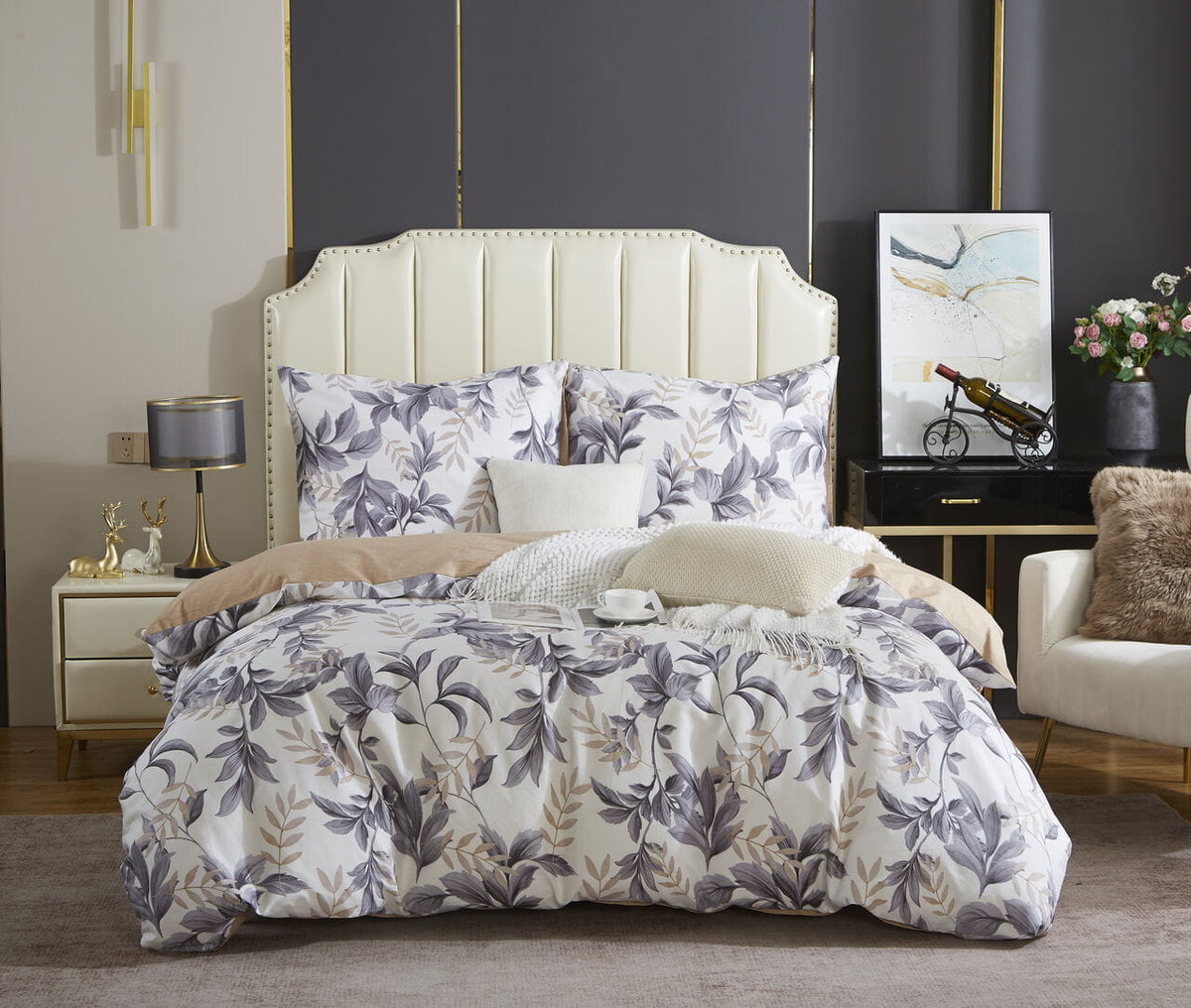 Ecru Pościel w Liście Satyna Bawełniana 220x200 Y013