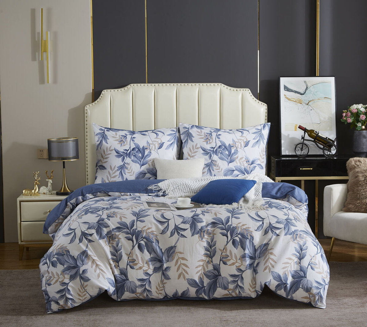 Biała Pościel w Liście Satyna Bawełniana 220x200 Y014