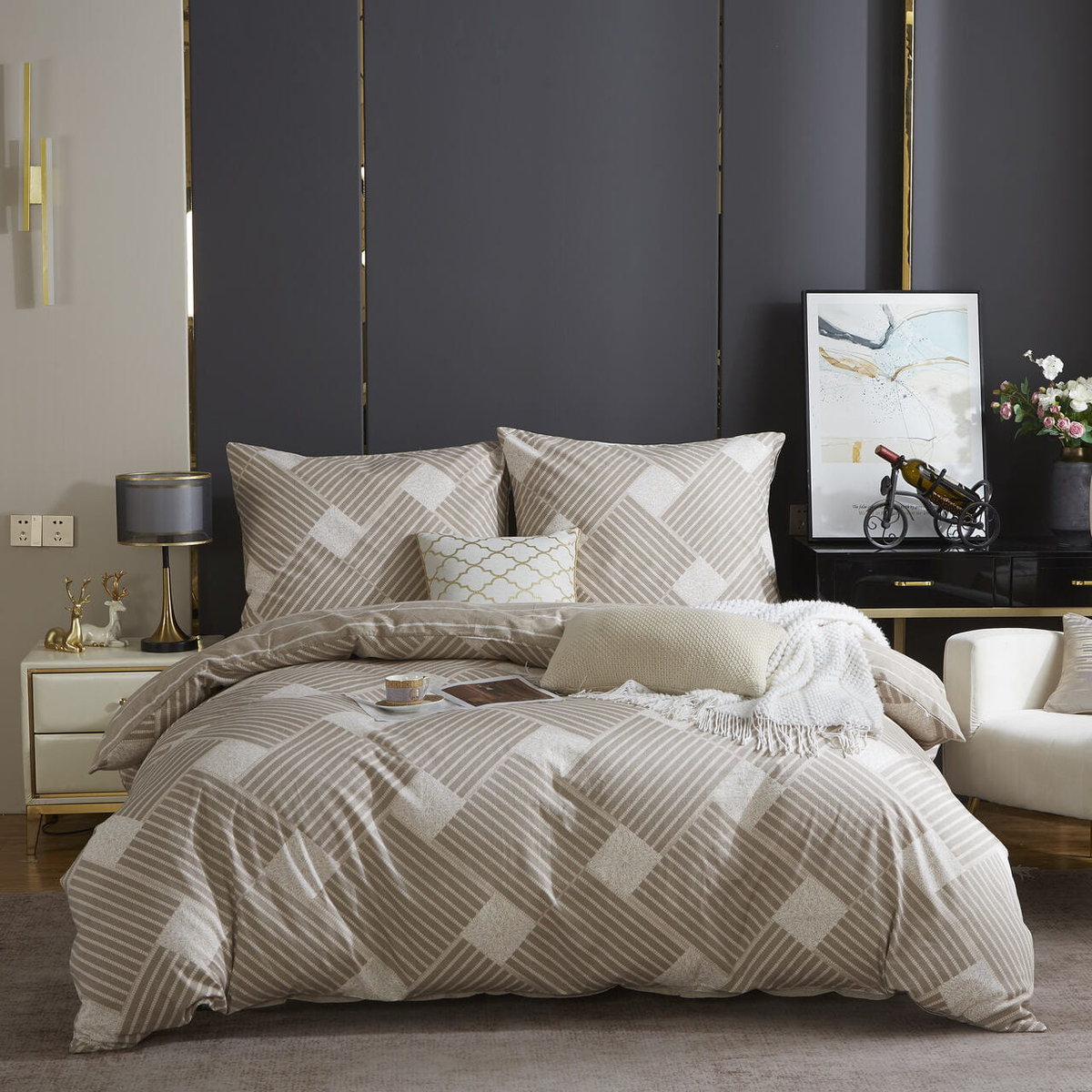 Brązowa Pościel Geometryczna Satyna Bawełniana 220x200 XDF 044