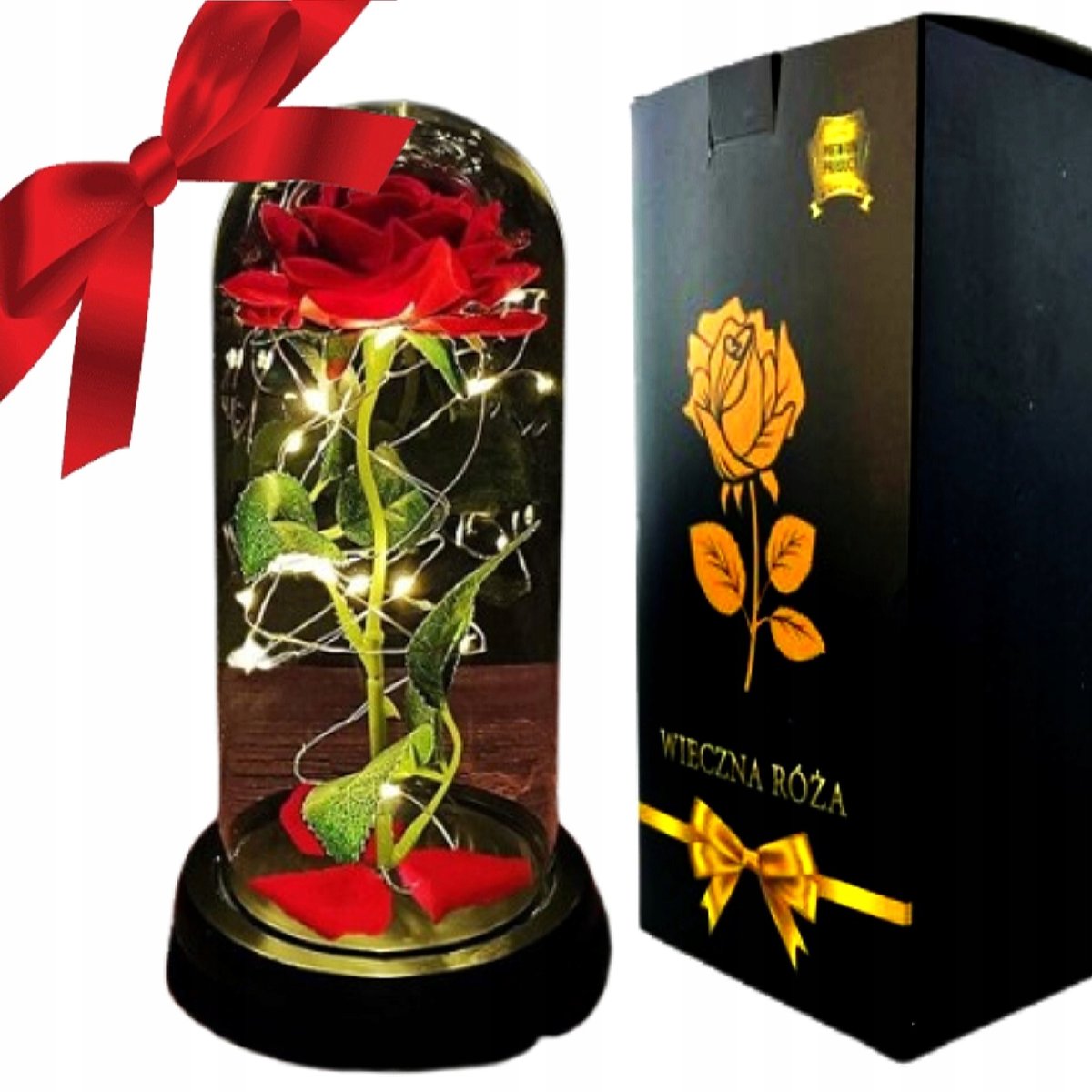 WIECZNA RÓŻA W SZKLE ŚWIECĄCA LED + PUDEŁKO POMYSŁ NA PREZENT WALETYNKI