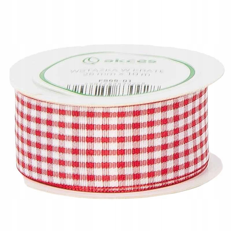 Wstążka w kratkę biało - czerwona 25mm - 10mb